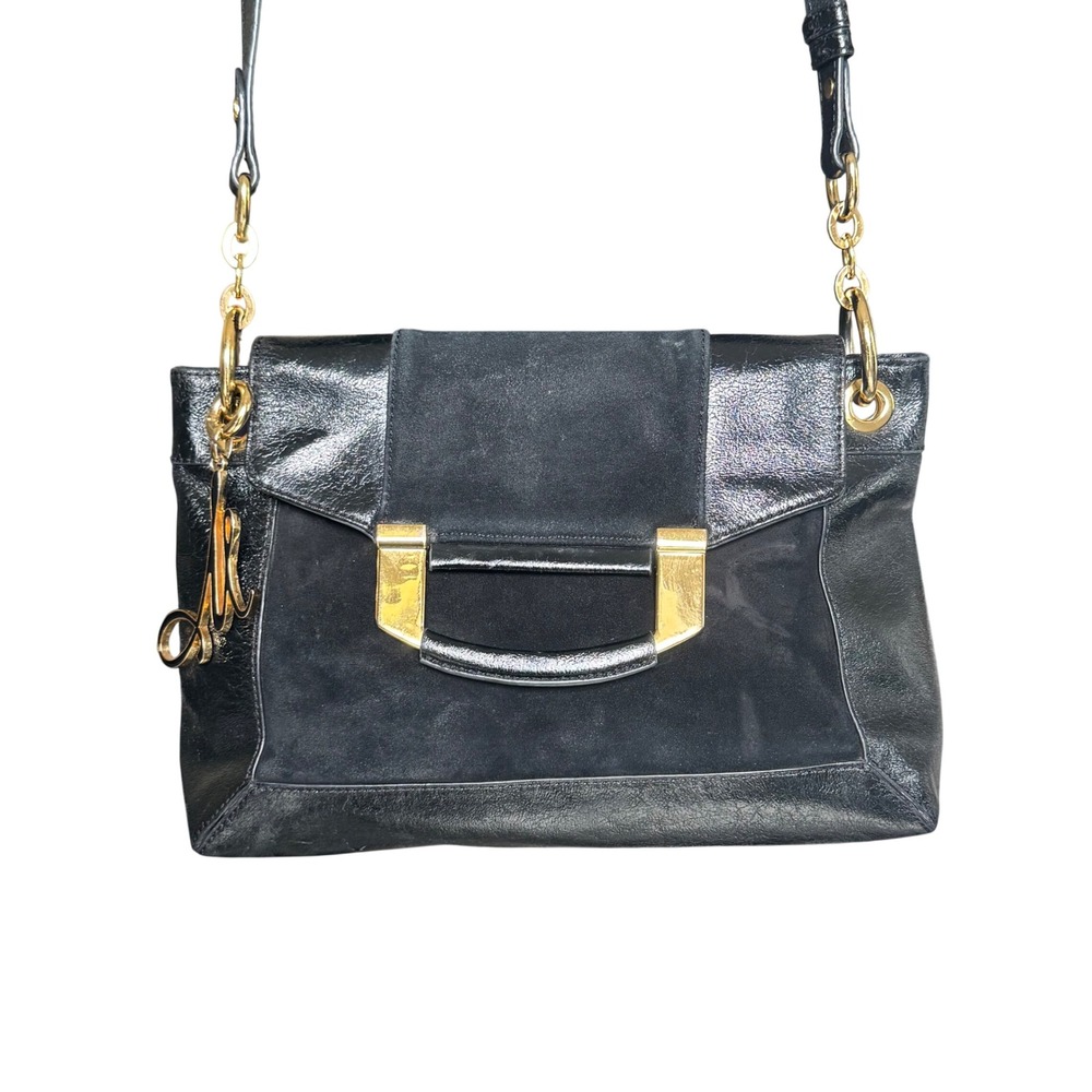 Milly Black Leather and Suede Shoulder Bag Gold Hardware Logo Charm - Picture 3 of 10
